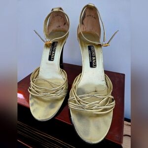 Bruno Magli Couture gold heels with rhinestone strap buckle
